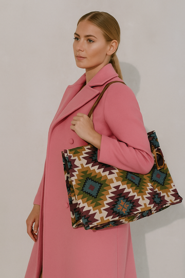 GEOMETRIC MULTI COLOURED TAPESTRY TOTE BAG