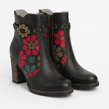 BLACK ANKLE BOOTS RED/BLUE FLORAL FEATURES