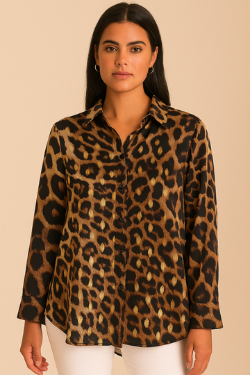 LEOPARD SATIN CUFFED BLOUSE