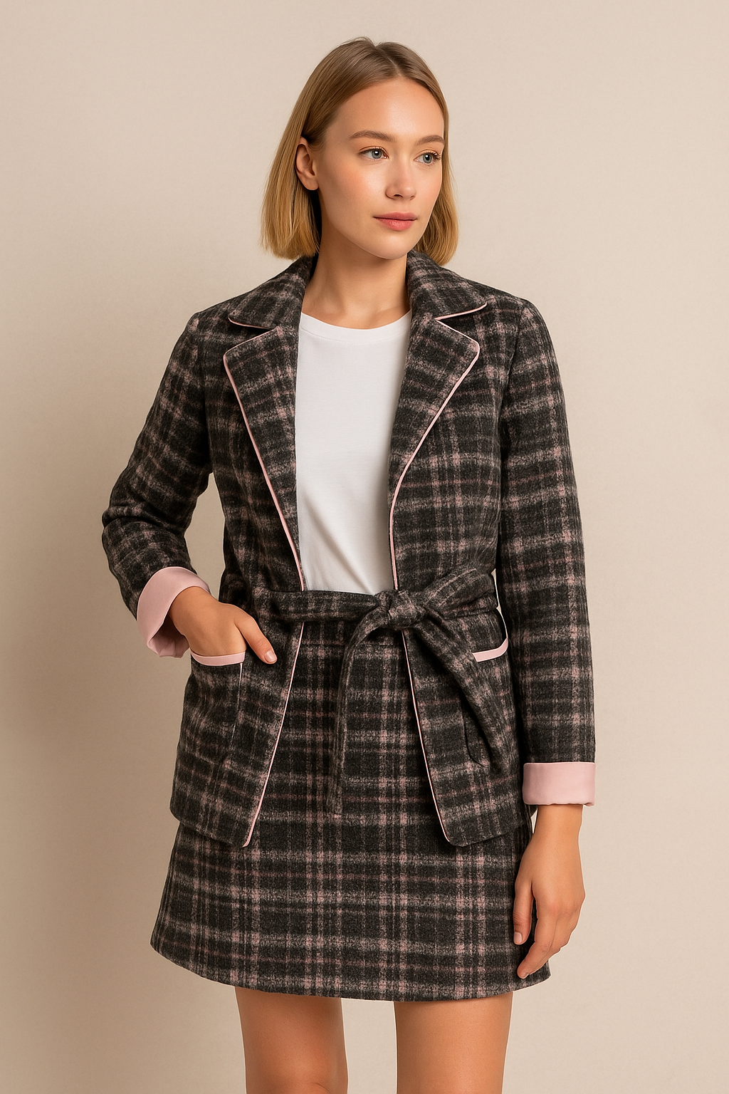 TARTAN SHORT WOOL COAT