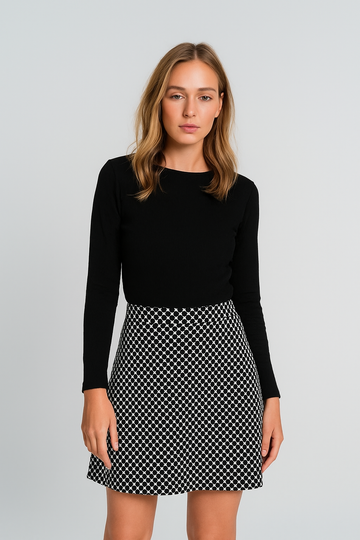 BLACK/WHITE CHECK JACQUARD "A" LINE SKIRT