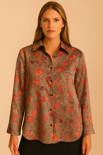 FLORAL SATIN CUFFED BLOUSE
