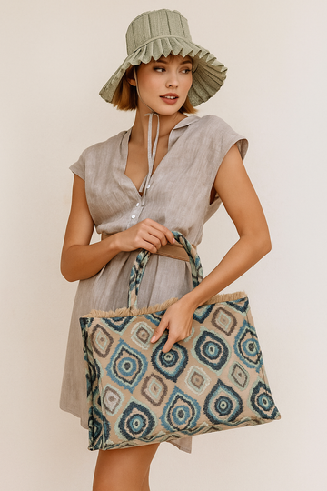 ABSTRACT BLUE/BEIGE TAPESTRY TOTE BAG