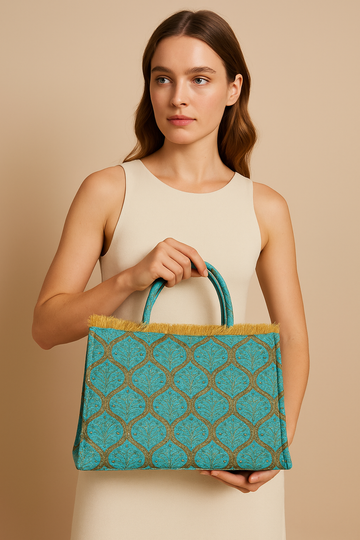 GEOMETRIC AQUA/GOLD TAPESTRY TOTE BAG