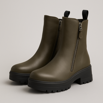 OLIVE GREEN LEATHER ANKLE BOOT